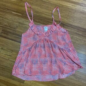 NU New York Women's Sleeveless Ruffle Neck Tank‎ Top Pink Patterned Casual Large